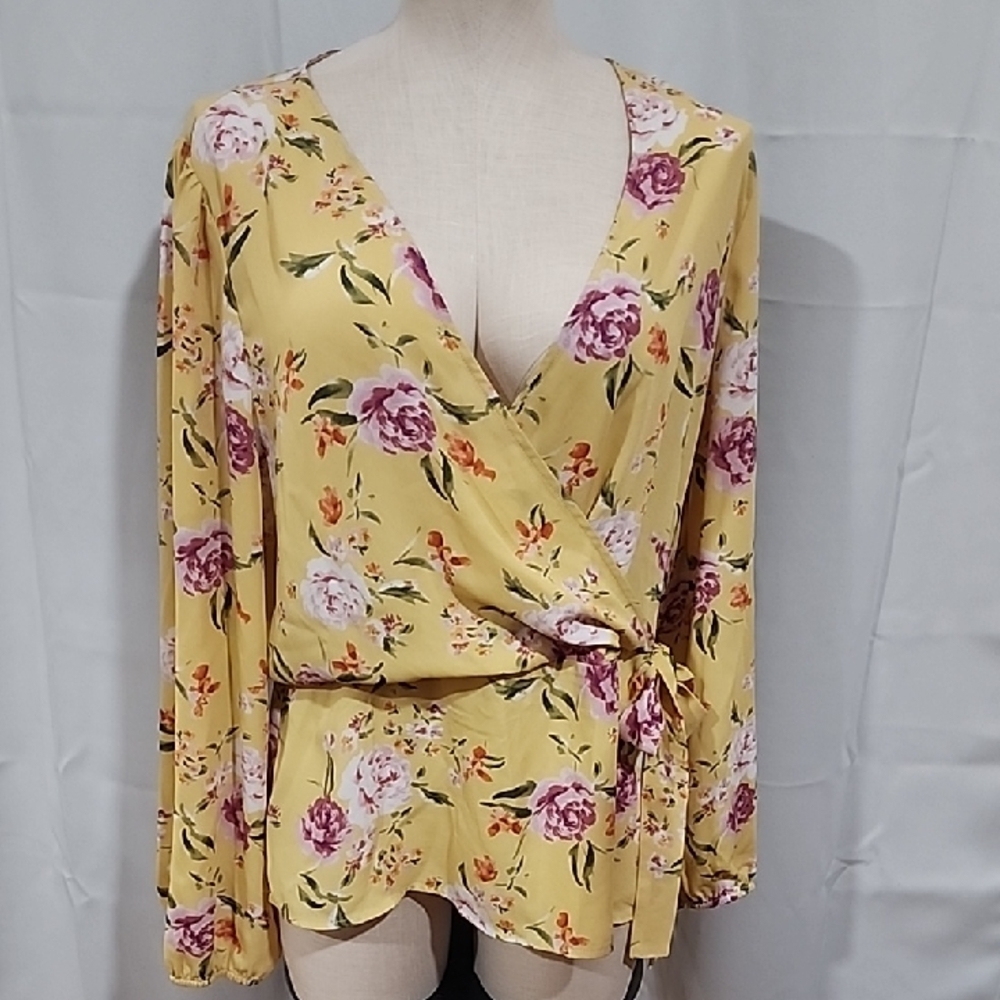Floral Wrap Blouse - Yellow Pink